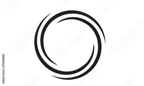 Abstract black circular logo with swirling lines creating a dynamic vortex effect on a white background.
