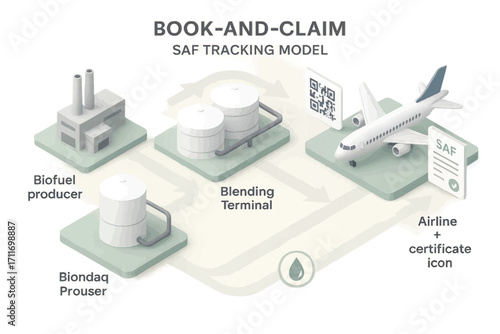 Vector infographic illustrating SAF book-and-claim model with tracking across fuel production, blending, and airline certification steps.