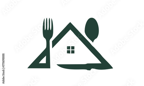 A minimalist dark green logo of a house silhouette formed by a fork, spoon, and knife, symbolizing home cooking or a restaurant.