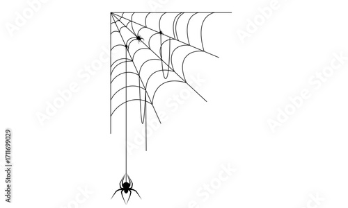 A black and white line art illustration of a spider hanging from a corner spiderweb on a white background.