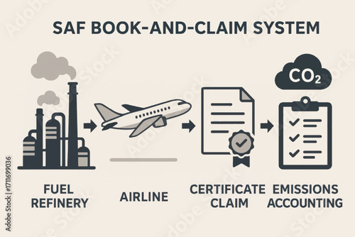 Vector infographic of SAF book-and-claim system showing refinery, airline, certification, and emissions accounting with clean layout.