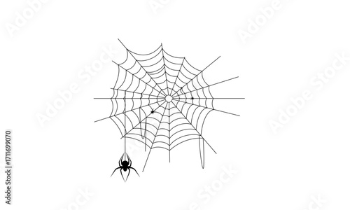 A single black spider hanging from its intricately woven web, isolated on a white background. Minimalist vector illustration for Halloween or nature themes