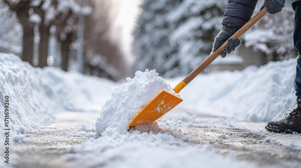 Naklejka premium Person shoveling snow from icy sidewalk with orange plastic shovel.