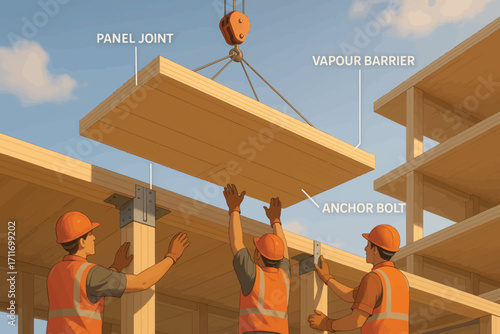 Vector illustration of wooden panel assembly on construction site with labeled parts, showing building process in scalable format.