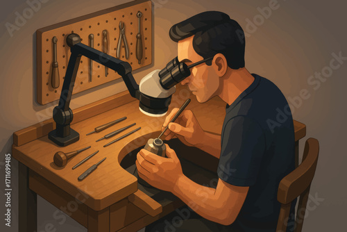 Vector illustration of a jeweler using a microscope to inspect gemstone, emphasizing precision work in craftsmanship and design process.