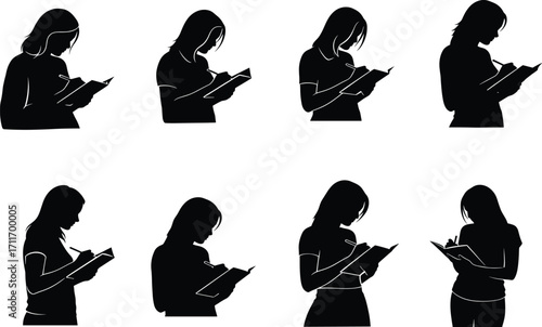 Book reading silhouette set, black, focused poses with downward gaze, vector, isolated, education bundle, literacy icons, study scenes