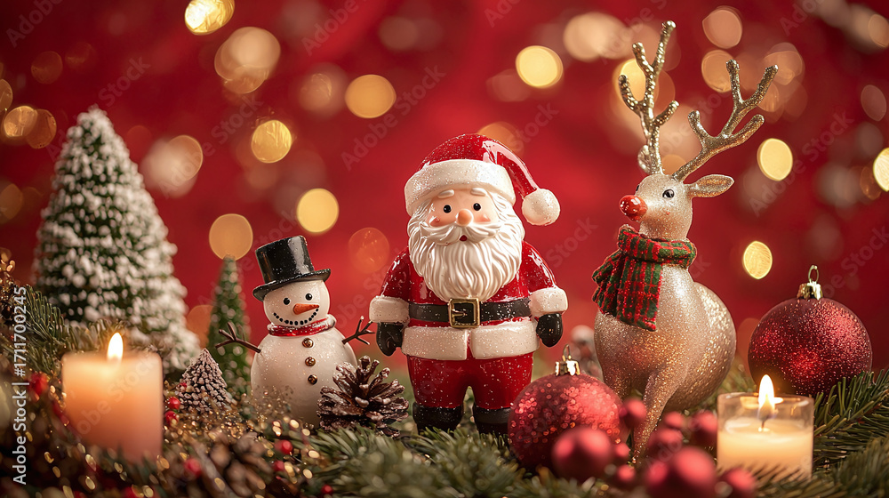 Obraz premium Santa Claus, a snowman, and a reindeer stand among fir branches, decorations, and candles on a red background — a festive decorative backdrop for New Year's cards and banners
