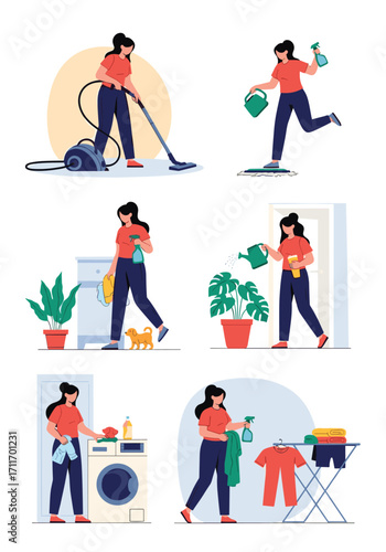 Woman doing household chores and taking care of her home.