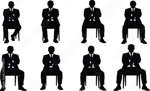 Businessman silhouette set, black, seated poses with crossed arms, suit attire, vector, isolated, posture bundle, professional icons