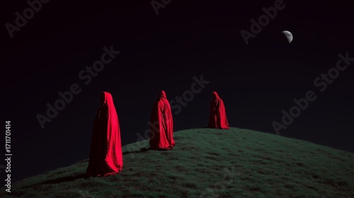 Three cloaked figures in vibrant red robes stand solemnly on a grassy hill, illuminated by the faint moonlight.