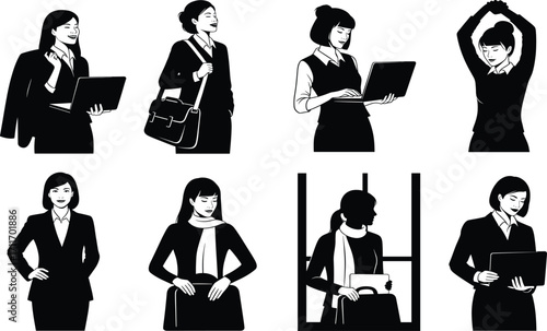 Businesswoman silhouette set, black, laptop and document poses, blazer and scarf attire, vector, isolated, workplace bundle