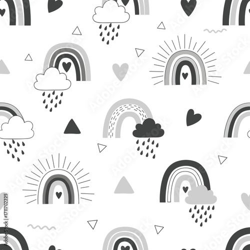 Boho rainbow and cloud seamless pattern with hearts and triangles.