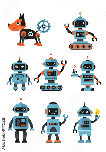 A collection of colorful and cute robot characters including a dog.