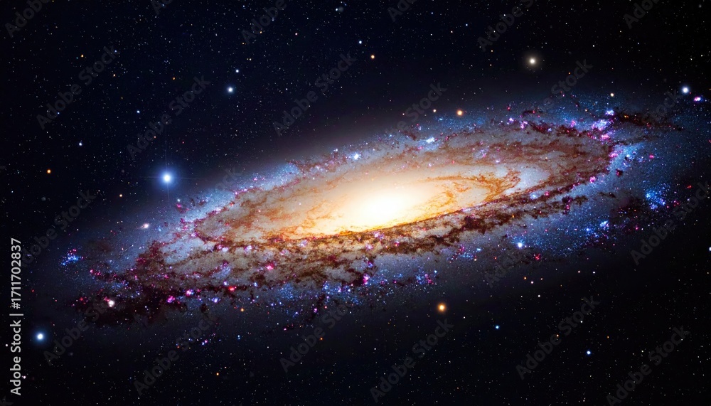 Fototapeta premium Andromeda Galaxy Detailed View with a Burst of Colorful Stars in a Dark Space Background Showing Cosmic Dust and Nebulae