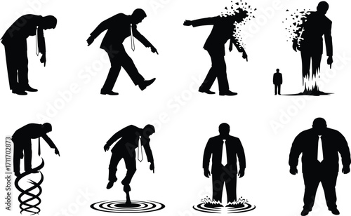 Conceptual businessman silhouette set, black, symbolic poses of stress, transformation, balance, identity, vector, isolated, emotional bundle