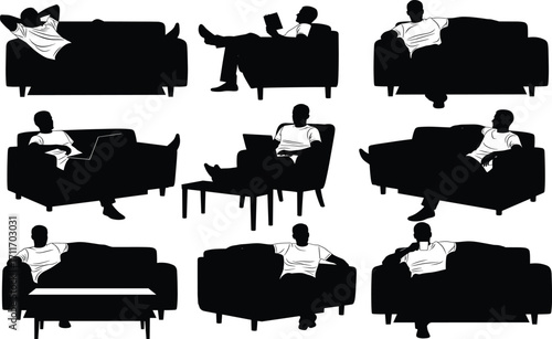 Couch posture silhouette set, black, relaxed seated poses, laptop and reading activities, vector, isolated, lifestyle bundle
