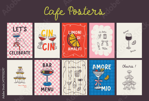Whimsical hand drawn cocktails poster and menu template in trendy whimsical style. Perfect doodle for quirky italian dinner  restaurant and cafe, kitchen wall art, poster,  party, birthday, sign