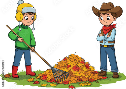 Cartoon kids raking autumn leaves, fall season activity illustration, children outdoor play, teamwork, countryside lifestyle, seasonal fun, happy childhood moments