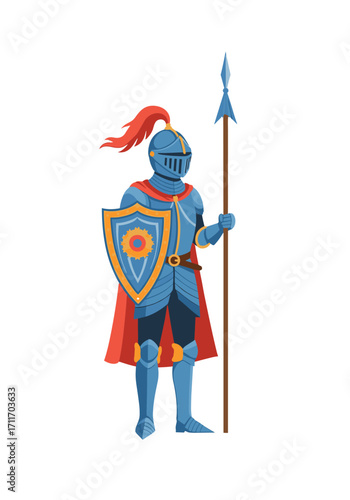 A brave knight in shining armor stands ready with his shield and spear.