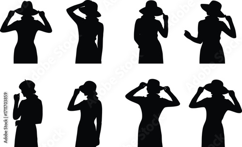 Fashion silhouette set, black, hat adjustment poses, elegant gestures, vector, isolated, style bundle, feminine posture icons