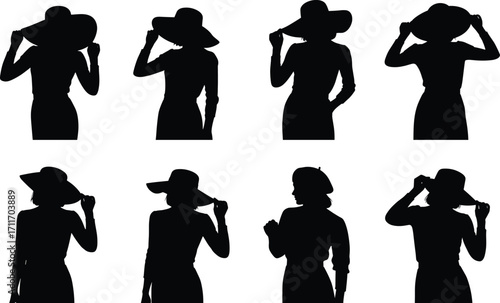 Fashion silhouette set, black, wide-brim hat and dress poses, elegant gestures, vector, isolated, style bundle, posture icons