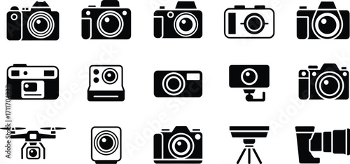 Camera icons, photography equipment, DSLR, digital camera, instant photo, action cam, drone, tripod, gimbal, lens, videography, technology, creative design