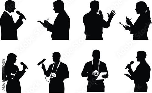 Journalism and media silhouette set, black, reporters, interviewers, camera operators with microphones, notepads, vector, isolated communication bundle