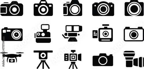 Camera icons, photography equipment, DSLR, digital camera, instant photo, retro camera, action cam, drone, tripod, lens, flash, videography, technology
