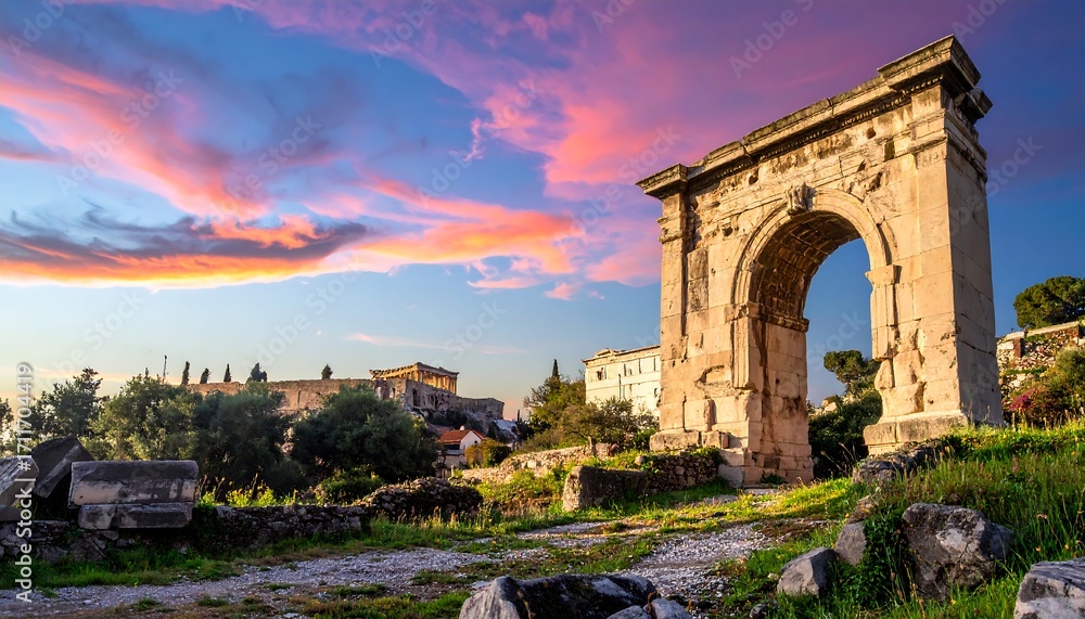 Fototapeta premium Ancient archway at sunset over ruins