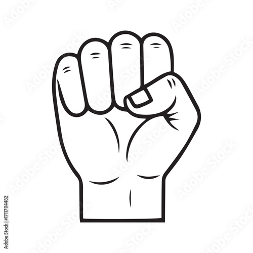 Black and white line art icon of a clenched fist isolated on white background