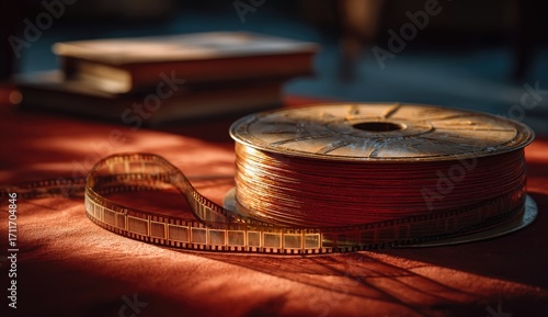 Vintage film reel and strip on a reddish surface