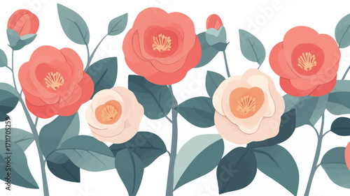 A digital illustration depicting a seamless pattern of camellia flowers and leaves. The flowers are predominantly coral orange and off-white, rendered in a stylized, slightly flat vector art style.
