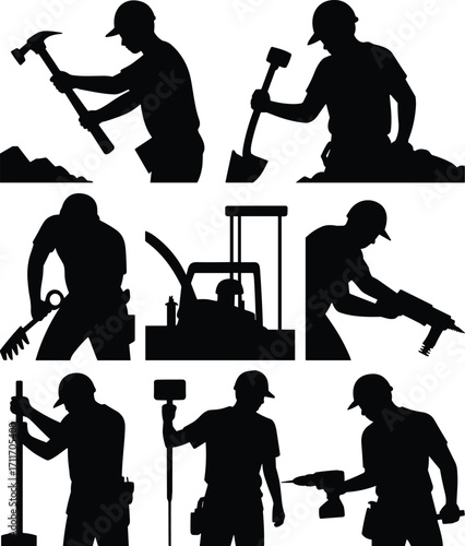 Construction worker silhouettes, labor tools, building industry, manual work, hammer, shovel, wrench, drill, paint roller, survey, heavy machinery, teamwork