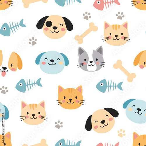 Adorable cartoon pets and their favorite toys a delightful pattern for animal lovers.