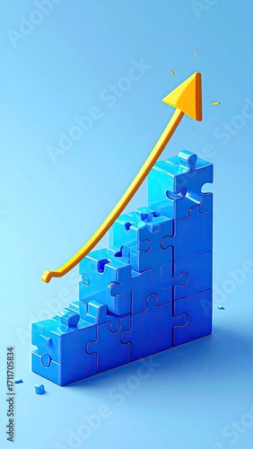 Blue puzzle pieces form a rising stair-step graph with a bright yellow arrow
