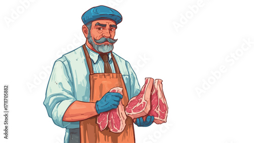 An illustration depicting a senior male butcher wearing a beret, apron, and gloves.  He is holding two cuts of meat, possibly lamb chops or steaks, in his hands.