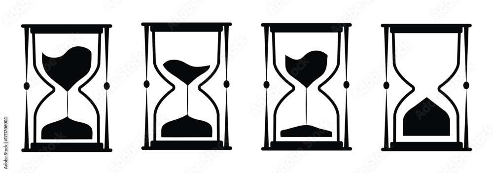 Fototapeta premium Set of colorful hourglasses vector icons. Sandglass timer symbol for passage of time, deadline, and countdown. Simple flat cartoon illustration of sand clock collection