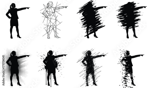 Pointing silhouette set, black, artistic rendering styles with glow, scribble, halftone, sketch, vector, isolated, gesture bundle