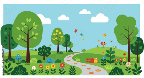 Vibrant spring landscape with trees flowers and rolling hills outdoors scenic view