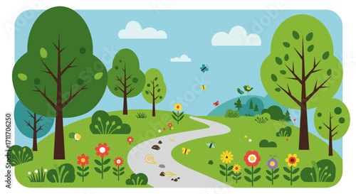 Charming cartoon landscape with winding path trees flowers and blue sky scenic outdoors