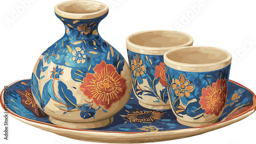 Close-up studio shot of a hand-painted sake set. The set consists of a small ceramic sake bottle (Tokkuri), two small ceramic cups (choko), and an oval-shaped serving plate. 