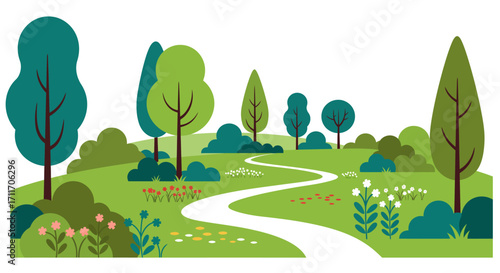 Whimsical park landscape with winding path and diverse greenery art