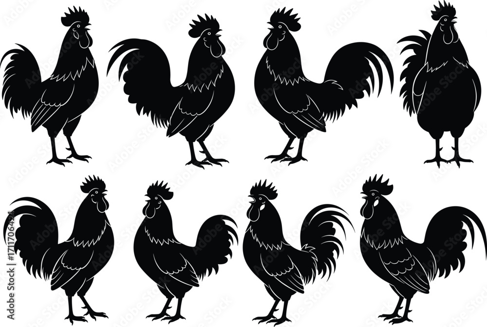 Fototapeta premium Rooster silhouette set featuring eight stylized poses with varied tail feathers, comb shapes, and postures for farm-themed design use