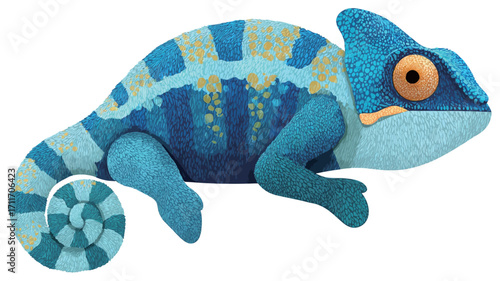 A digital illustration of a chameleon. The chameleon is predominantly blue with teal and gold stripes along its body. Its tail is curled. The illustration style is cartoonish