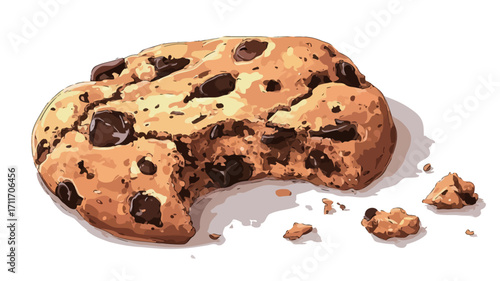 A close-up digital illustration of a single chocolate chip cookie. The cookie is light brown with visible chocolate chips throughout. A bite has been taken out of the cookie, revealing a slightly