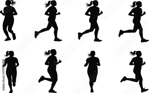 Running silhouette set, black, ponytail athlete in motion sequence, dynamic leg and arm phases, vector, isolated, sports bundle