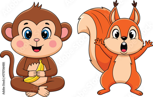 Cartoon monkey eating banana, surprised squirrel with big eyes, cute animal characters illustration, funny jungle and forest animals, vector clipart on white background.