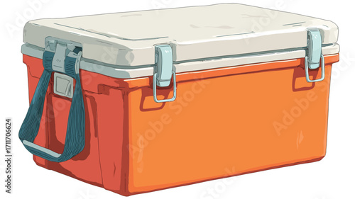 A digital illustration of a rectangular plastic cooler. The cooler is predominantly orange with a white lid. It features two carrying handles and two visible clasps securing the lid. 