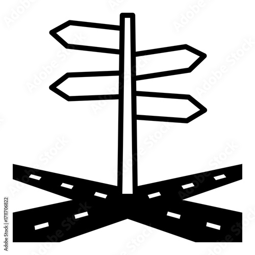 Conceptual icon of crossroads with road signs pointing in multiple directions. Symbolizes choice, decision-making, and navigating life paths.