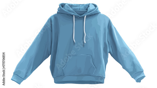 A studio shot of a light blue hooded sweatshirt. The sweatshirt is displayed against a white background. The image shows the front of the garment, illustrating its design elements